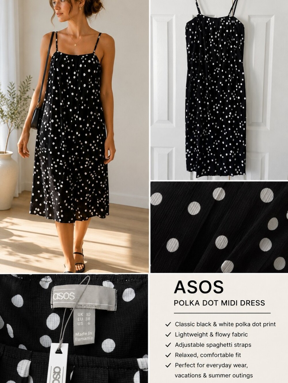 ASOS Black & White Polka Dot Spaghetti-Strap Midi Dress